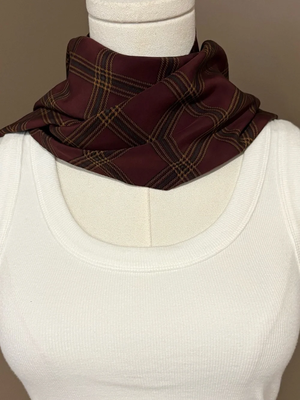 VTG DKNY Donna Karan New York 100% Silk Plaid Scarf Maroon Burgundy Fringe